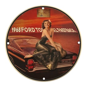 Vintage 1968 Ford Torino GT Fastback Porcelain Sign with Classic Pin-Up Art
