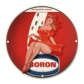 Vintage 1956 Boron Oil Company Porcelain Sign ? Retro Pin-Up Art