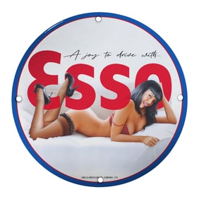 Vintage Esso Porcelain Sign - A Joy to Drive With Pin-Up Art