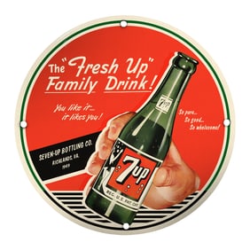 Vintage 7-Up Porcelain Sign: The 'Fresh Up' Family Drink from 1949!