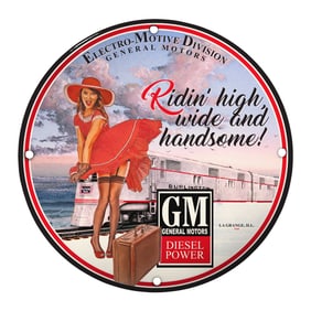 Vintage General Motors Porcelain Sign ? ?Ridin? High, Wide and Handsome? Artwork
