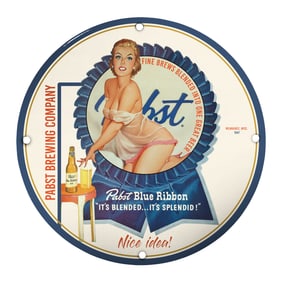 Vintage Pabst Blue Ribbon Porcelain Sign - Classic 1947 Pin-Up Art