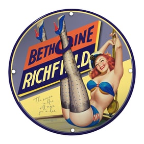 Vintage Porcelain Sign: Beth Oline Richfield with Classic Pin-Up Art for Collectors