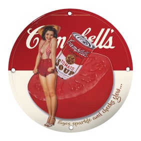 Vintage Campbell's Tomato Soup Porcelain Sign with Retro Pin-Up Girl Design