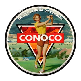 Vintage Conoco Porcelain Sign Featuring Classic Golf Imagery and Iconic Branding