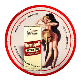 Vintage Rheingold Extra Dry Lager Beer Porcelain Sign - Iconic Advert with Pin-Up Girl