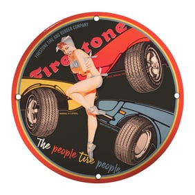 Vintage Firestone Porcelain Sign with Classic Pin-Up Art - Automotive Decor