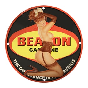 Vintage Beacon Gasoline Porcelain Sign with Iconic Pin-Up Artwork