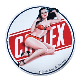 Vintage 1950s Porcelain Advertising Sign ? Colorado-Texas Oil Company Art Deco Pin-Up