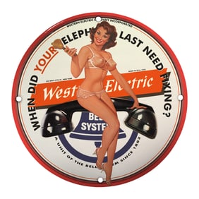 Vintage Western Electric Porcelain Sign Featuring Iconic Telephone Girl Artwork