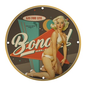Vintage Porcelain Sign - Bonod Oil Company Gas For Less Retro Advertisement