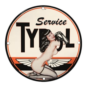 Vintage 1951 Service Typol Porcelain Sign Featuring Iconic Pin-Up Art
