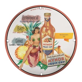 Vintage Mynor Fruit Cup Sign: A Nostalgic Toast to Refreshment and Flavor