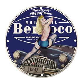 Vintage Benzoco Motor Oil Porcelain Sign - Classic Pin-Up Artwork with Bold Colors