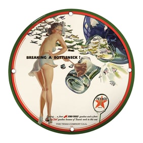 Vintage Texaco Fire Chief Porcelain Sign: Breaking a Bottleneck Artwork