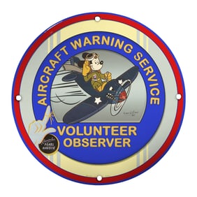 Vintage Aircraft Warning Service Porcelain Sign Featuring Classic Animated Pilot