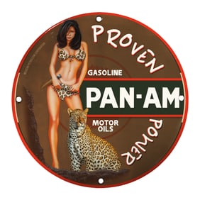 Vintage PAN-AM Gasoline Porcelain Sign with Iconic Art and Proven Power