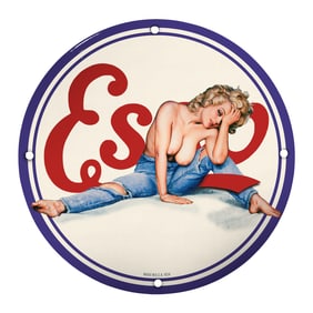 Vintage 1934 Esso Porcelain Sign Featuring Pin-Up Girl Art ? A Rare Collectible