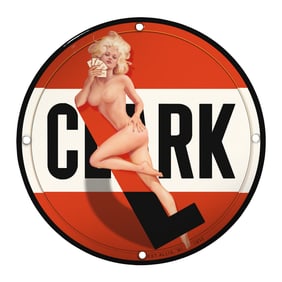 Vintage Clark Porcelain Sign Featuring Iconic Pin-Up Art | Retro Collectible