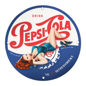 Authentic 1950s Pepsi-Cola Porcelain Sign with Vintage Pin-Up Art ? A Collector?s Dream