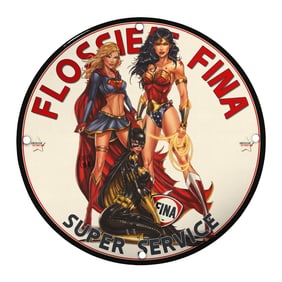 Vintage Style FINA Super Service Porcelain Sign Featuring Iconic Superheroines