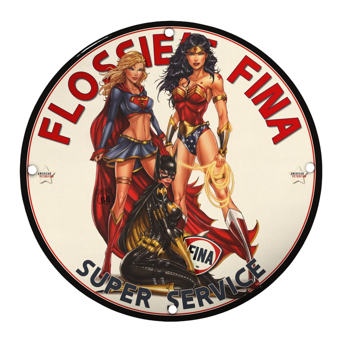 Vintage Style FINA Super Service Porcelain Sign Featuring Iconic Superheroines (1 of 2)