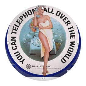 Vintage Bell System Porcelain Sign: Iconic 'You Can Telephone all Over the World' Art