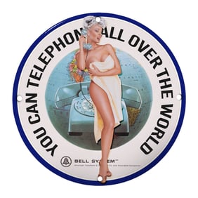 Vintage Bell System Porcelain Sign: Iconic 'You Can Telephone all Over the World' Art