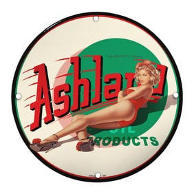 Vintage Ashland Oil Advertising Porcelain Sign with Iconic Pin-Up Design