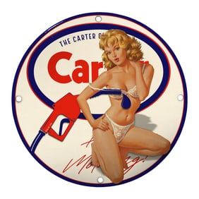 Vintage Carter Gasoline Porcelain Sign with Nostalgic Pin-Up Art