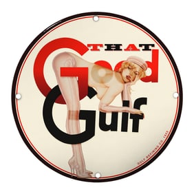 Vintage Gulf Porcelain Sign with Iconic Pin-Up Art - Collectible Advertising Piece