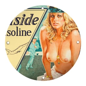 Vintage Porcelain Gasoline Sign with Nautical Theme and Pin-Up Artistry