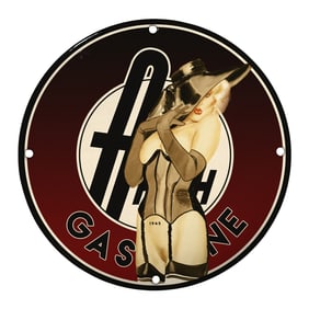 Vintage Porcelain Gasoline Sign Featuring Classic Pinup Art from 1945