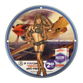 Vintage Prestone Anti-Freeze Porcelain Sign: A Tribute to National Defense and Classic Nostalgia