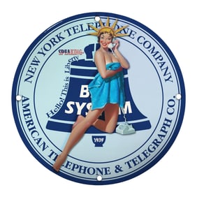 Vintage 1939 New York Telephone Company Porcelain Sign - Iconic Liberty Belle Artwork