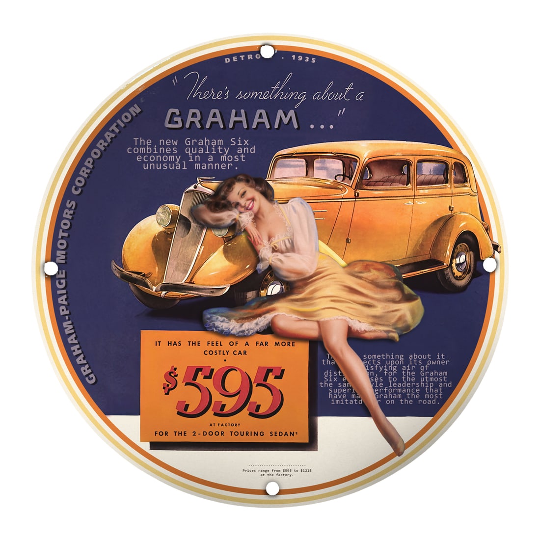 Vintage 1935 Graham Paige Porcelain Sign: Classic Elegance Meets Affordability: Discover the allure of automotive history with this stunning 1935 Graham Paige porcelain sign. This vintage piece captures the quintessential essence of mid-20th-century advertising, showcasing the Gr