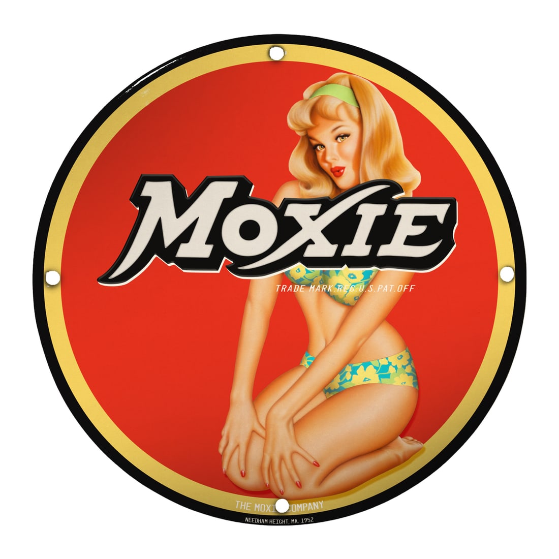 Vintage Moxie Porcelain Sign: A Rare Collectible for Advertising Sign Enthusiasts: Discover a striking piece of Americana with this Vintage Moxie Porcelain Sign, a must-have for collectors and advertising enthusiasts alike. Spanning approximately 12 inches in diameter, this round si