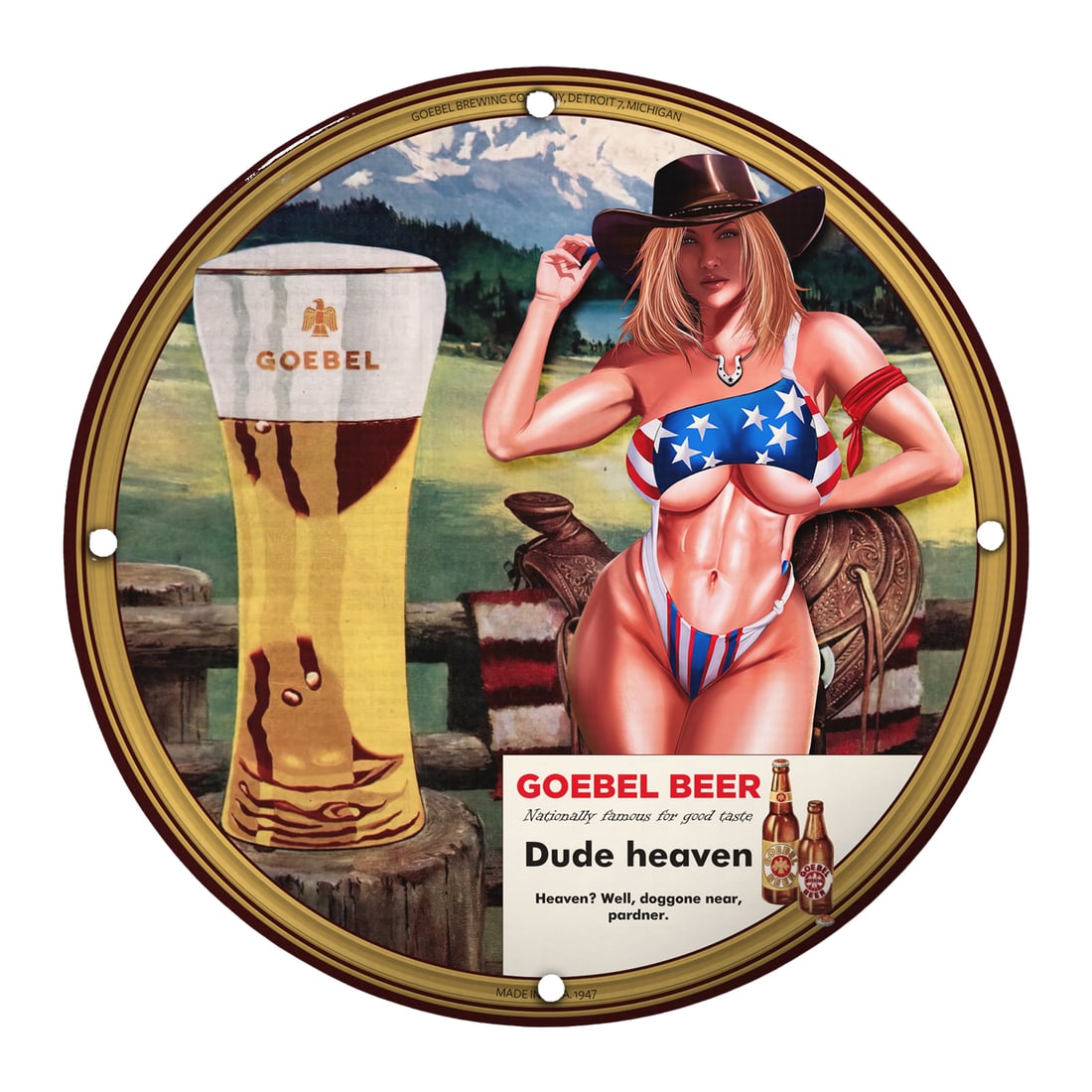 Rare Vintage Goebel Beer Porcelain Sign - Dude Heaven Collectible Art: Explore the vintage allure of the Rare Goebel Beer Porcelain Sign, a nostalgic piece of Americana perfect for collectors and enthusiasts alike. This iconic sign depicts a captivating pin-up girl in a