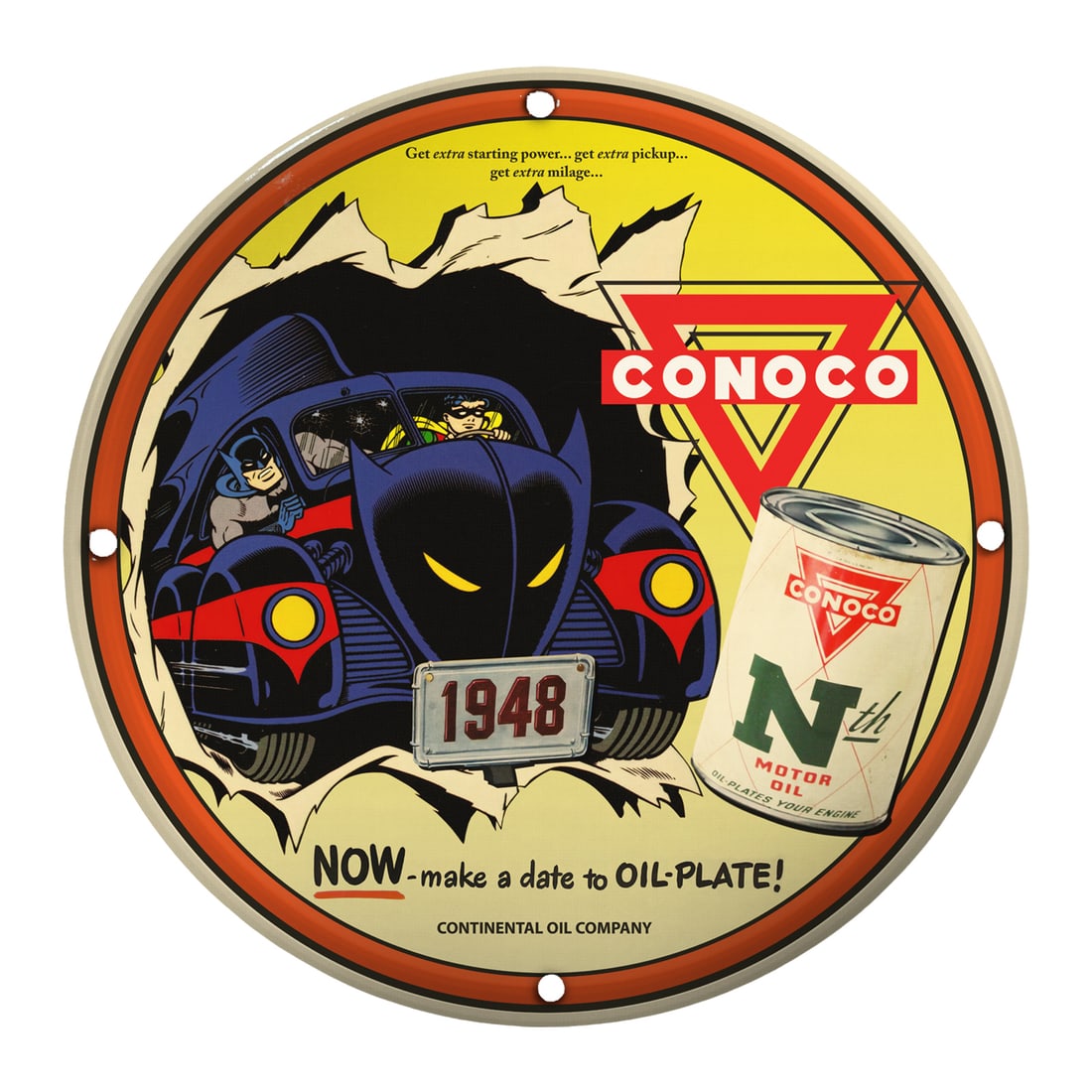 Vintage 1948 Conoco Porcelain Sign Featuring Batman & Robin - Collector's Dream (1 of 2)