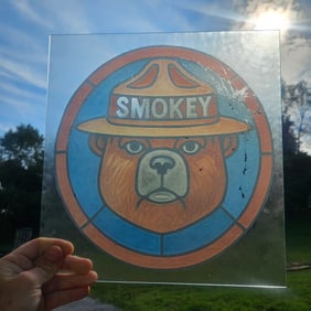 Vintage Smokey the Bear Reverse Painted Stained Glass Panel | USFS Forest Service Fire Prevention |