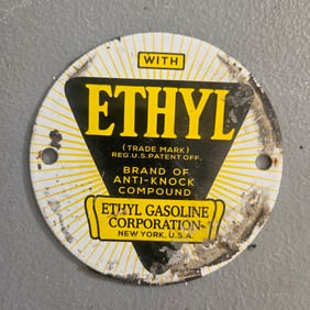 Vintage Ethyl Gasoline Porcelain Pump Plate | “Brand of Anti-Knock Compound” | 3.5" Round