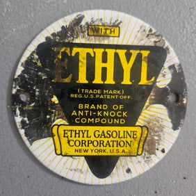 Vintage Ethyl Gasoline Porcelain Pump Plate | “Brand of Anti-Knock Compound” | 3.5" Round