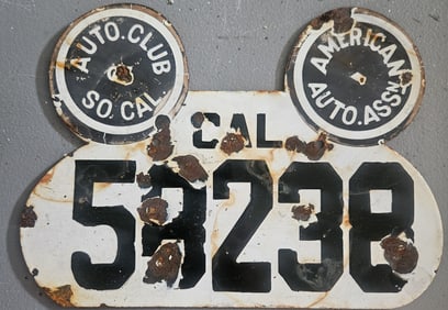 Vintage California Porcelain License Plate | “Mickey Style” Auto Club So. Cal & AAA | Rare