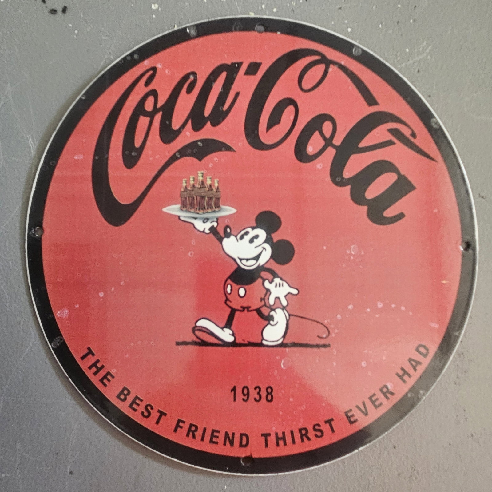 Vintage 1938 Coca-Cola Porcelain Sign w/ Mickey Mouse – 12" Round (1 of 2)