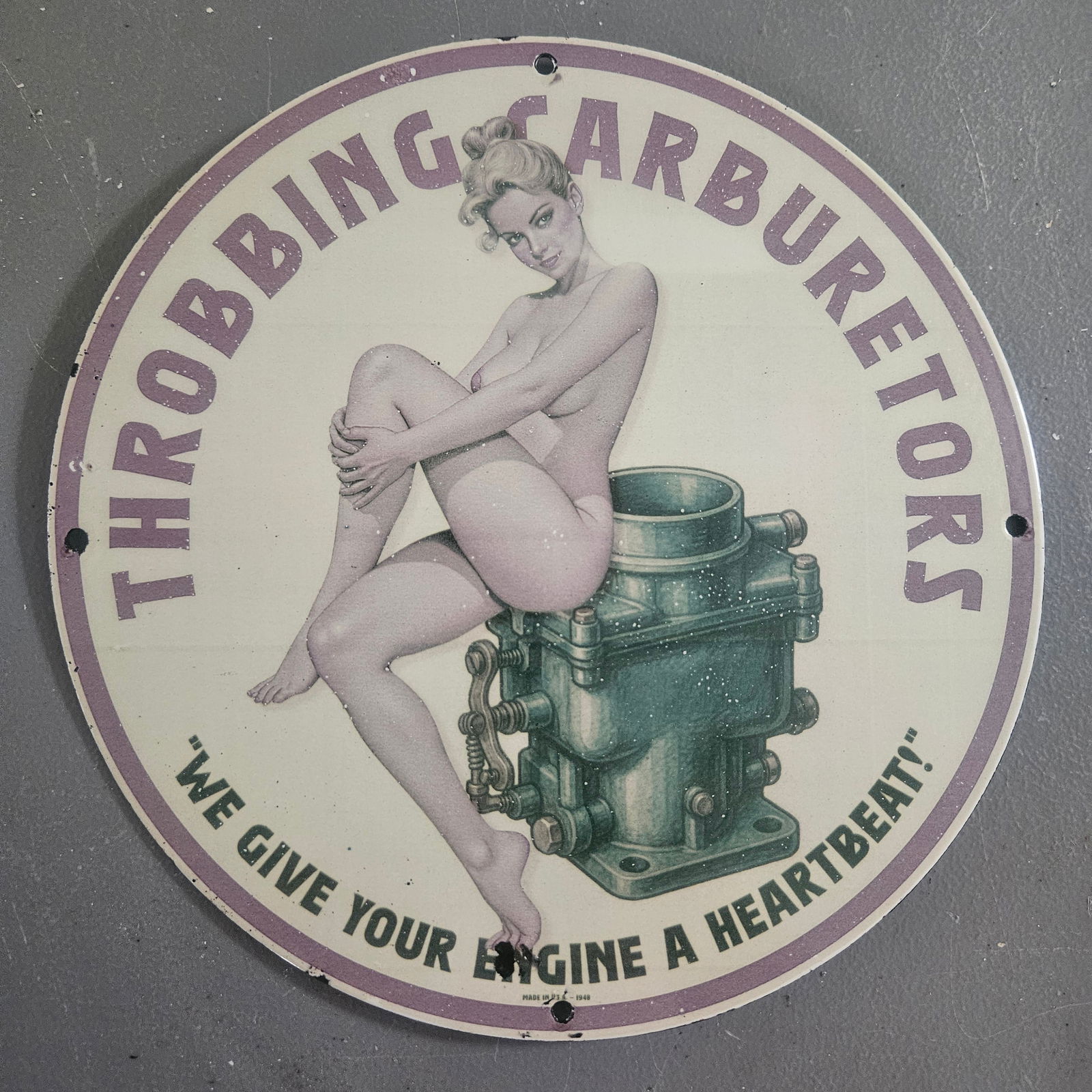 Throbbing Carburetors Pin-Up Porcelain Sign – Rare Automotive Design, 12" (1 of 2)