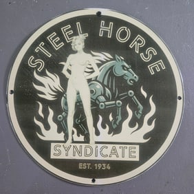 Steel Horse Syndicate Porcelain Sign – Pin-Up & Mechanical Horse Graphic, 12"