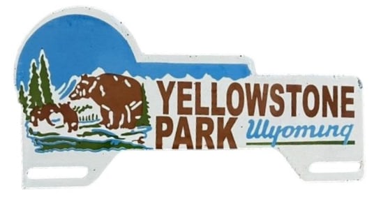 Porcelain Yellowstone Park Wyoming License Plate Topper Sign – 10x5 Inch Bear & Cub Design