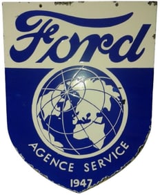 Ford Porcelain Enamel Service Sign – Double Sided Shield 24x18” (1947)