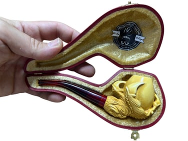 Exquisite Handcrafted Meerschaum Pipe: Unique Dragon Design with Red Acrylic Stem