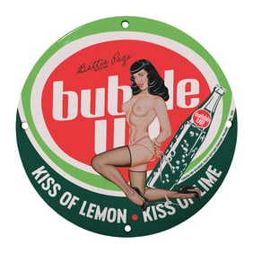 Vintage Bubble Up Soda Sign Featuring Iconic Pin-Up Artwork by Bettie Page